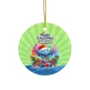 Personalized Stitch Christmas ornament, Holiday Wreath (Green) design — 3.5 inch shatterproof aluminum with ribbon, custom name and year