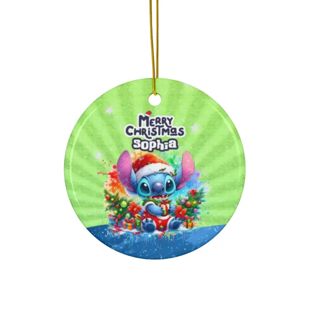 Personalized Stitch Christmas ornament, Holiday Wreath (Green) design — 3.5 inch shatterproof aluminum with ribbon, custom name and year