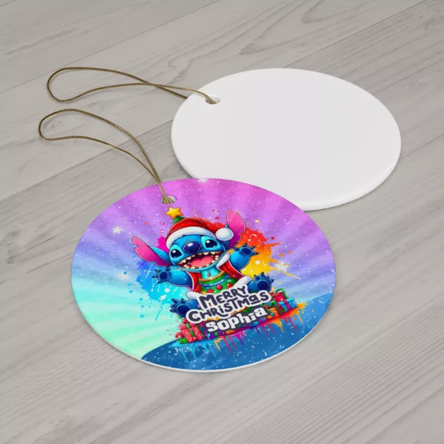 Personalized Stitch Christmas ornament, Rainbow Watercolor (Purple) design — 3.5 inch shatterproof aluminum with ribbon, custom name and year