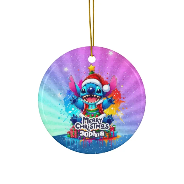 Personalized Stitch Christmas ornament, Rainbow Watercolor (Purple) design — 3.5 inch shatterproof aluminum with ribbon, custom name and year