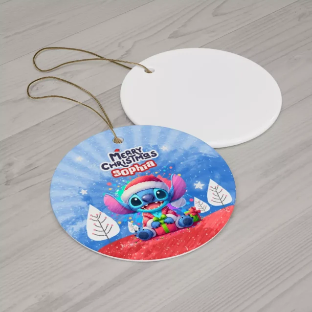 Personalized Stitch Christmas ornament, Santa Stitch Winter (Blue) design — 3.5 inch shatterproof aluminum with ribbon, custom name and year