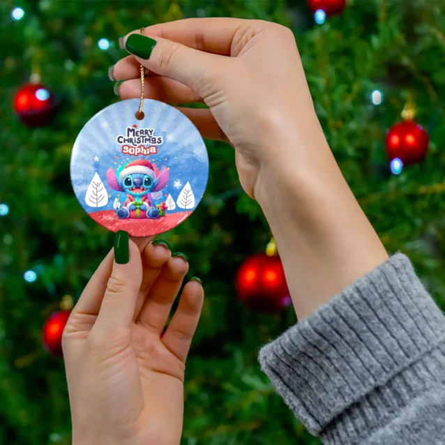 Personalized Stitch Christmas ornament, Santa Stitch Winter (Blue) design — 3.5 inch shatterproof aluminum with ribbon, custom name and year