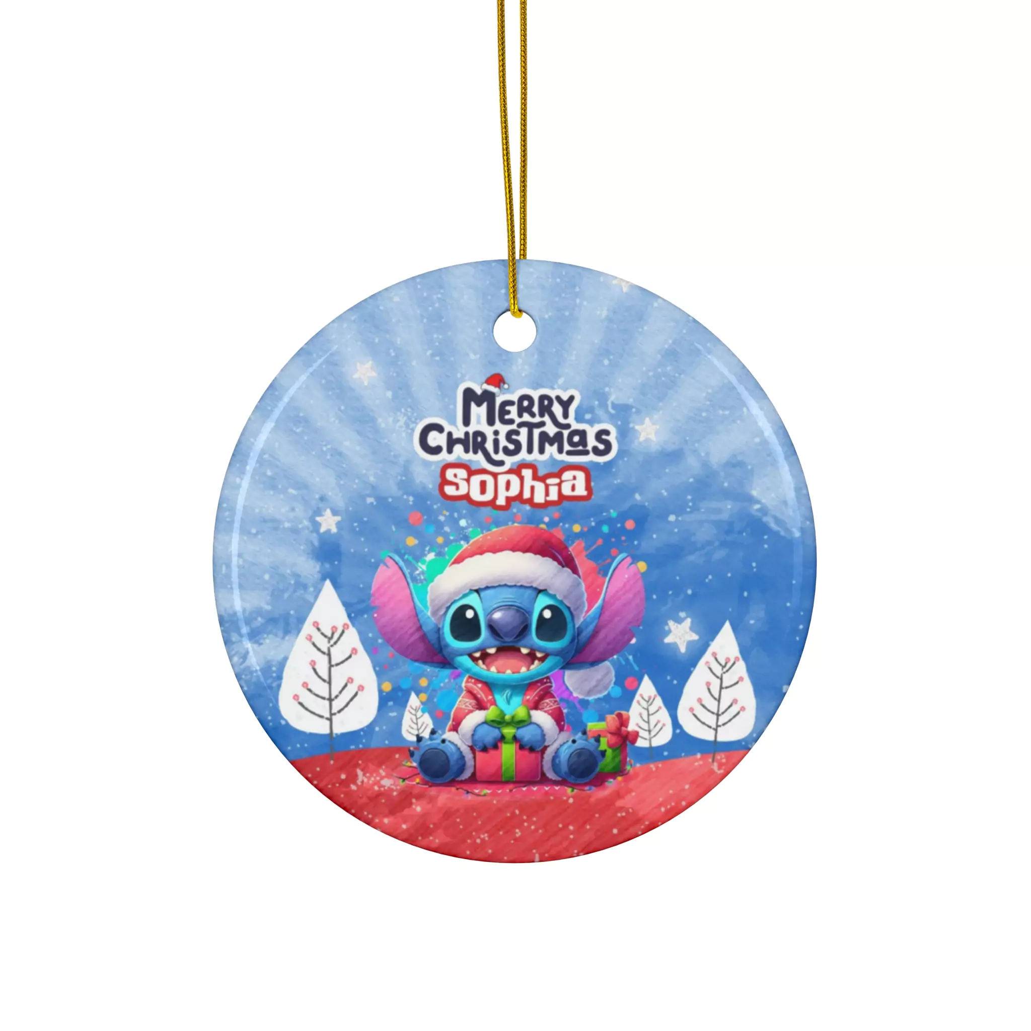 Personalized Stitch Christmas ornament, Santa Stitch Winter (Blue) design — 3.5 inch shatterproof aluminum with ribbon, custom name and year