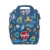 Front display view of the custom personalized Paw Patrol Dark Blue diaper bag backpack featuring Chase and Marshall graphics on a waterproof canvas shell.
