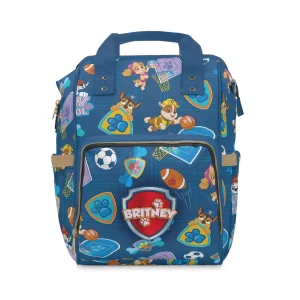 Front display view of the custom personalized Paw Patrol Dark Blue diaper bag backpack featuring Chase and Marshall graphics on a waterproof canvas shell.