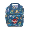 Dark blue Paw Patrol diaper bag backpack with Chase, Marshall and the pups plus sports balls and a badge, the baby's name printed on the pocket.