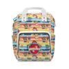 Rainbow-stripe Paw Patrol diaper bag with Chase, Marshall, Rubble and the pups on colorful stripes.