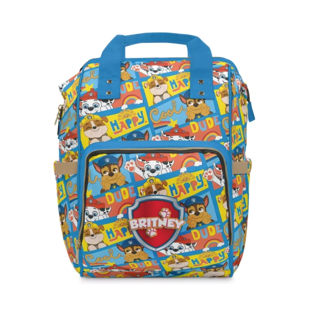 Sky blue Paw Patrol diaper bag with the pups and a "Happy" banner print.
