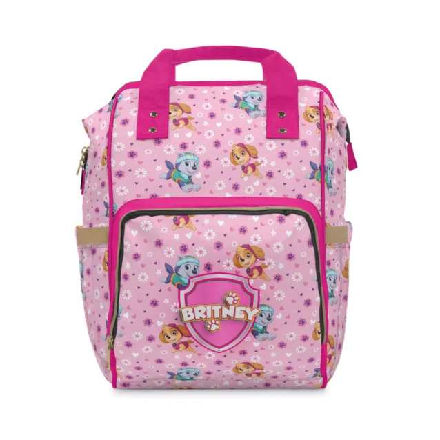 Pink Paw Patrol diaper bag backpack with Skye and Everest and flowers, personalized with the baby's name.