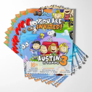 Sample of a 5x7 inch printed Snoopy birthday invitation.