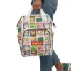 Happy mom wearing the personalized Toy Story maternity backpack comfortably while walking her baby in a stroller.