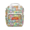 Side profile of the custom Toy Story changing bag showing the convenient elastic baby wipe-dispenser pocket.