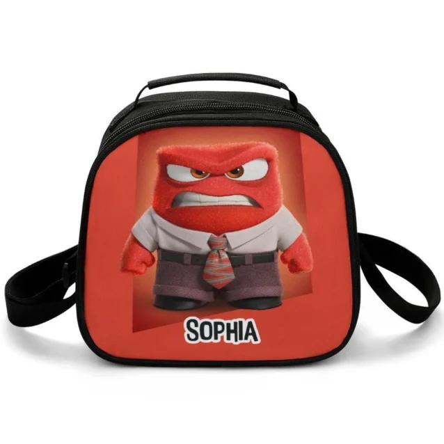 Bold red custom printed Inside Out kids insulated lunch bag displaying Anger character graphics, designed to keep school snacks fresh.