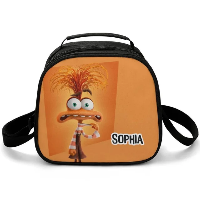 Custom personalized orange Inside Out thermal lunch box highlighting Anxiety character artwork and a premium carrying handle.