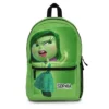 Vibrant green custom printed Inside Out school backpack highlighting Disgust character artwork and ergonomic carrying straps.