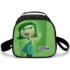 Vibrant green personalized Inside Out thermal food tote highlighting Disgust character artwork and secure zipper closures.
