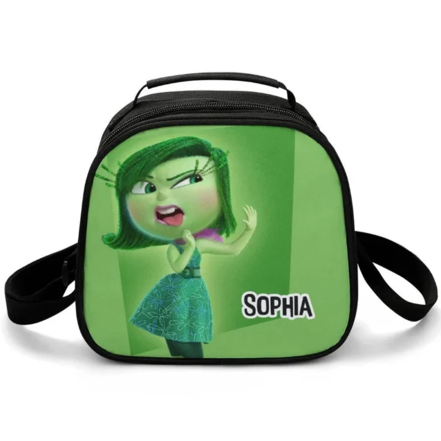 Vibrant green personalized Inside Out thermal food tote highlighting Disgust character artwork and secure zipper closures.