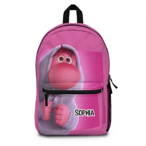 Soft pink custom personalized Inside Out 2 backpack showcasing Embarrassment character graphics and heavy-duty zipper tracks.
