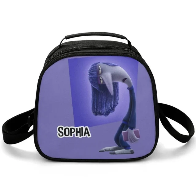 Dark indigo personalized Inside Out 2 thermal lunch tote featuring Ennui character artwork scaled perfectly for standard bento boxes.