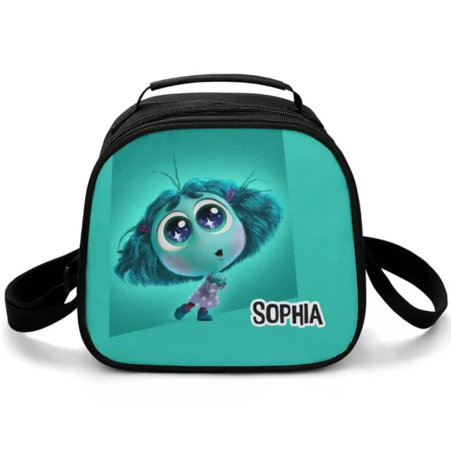Soft green custom printed Inside Out 2 insulated lunch tote featuring Envy character graphics, perfect for keeping school snacks fresh.