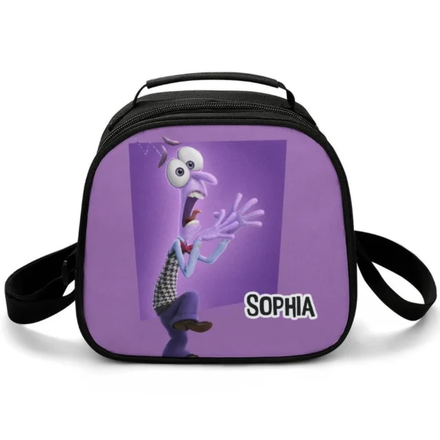 Custom personalized purple Inside Out cooler bag featuring Fear character graphics on a durable, wipe-clean exterior fabric.