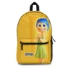 Bright yellow personalized Inside Out school bag showcasing Joy character artwork and dual side pockets for water bottles.
