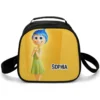 Bright yellow custom printed Inside Out insulated lunch tote showcasing Joy character artwork, perfect for school cafeterias.