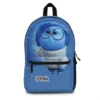 Blue personalized Inside Out backpack for kids highlighting the Sadness character profile and a custom printed name plate.