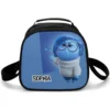 Blue personalized Inside Out kids lunch bag featuring Sadness character graphics and a thick, food-safe thermal interior lining.