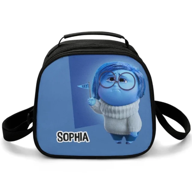 Blue personalized Inside Out kids lunch bag featuring Sadness character graphics and a thick, food-safe thermal interior lining.