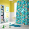 Close-up of a high-quality print on a Bluey Shower Curtain, showcasing the beloved cartoon characters and bright colors, ideal for children's bathroom decor.