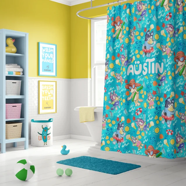 Close-up of a high-quality print on a Bluey Shower Curtain, showcasing the beloved cartoon characters and bright colors, ideal for children's bathroom decor.