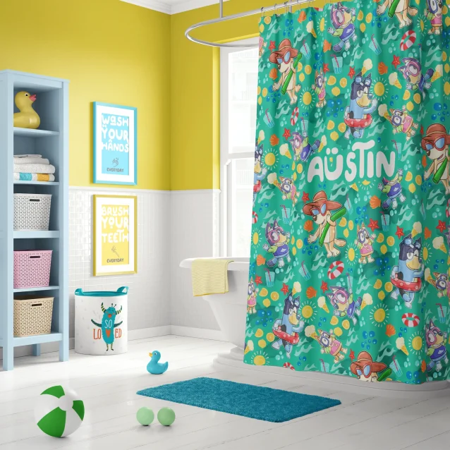 Vibrant Bluey Shower Curtain with [Child's Name if applicable, otherwise 'playful design'], made from durable 100% polyester, shown hanging in a bathtub.