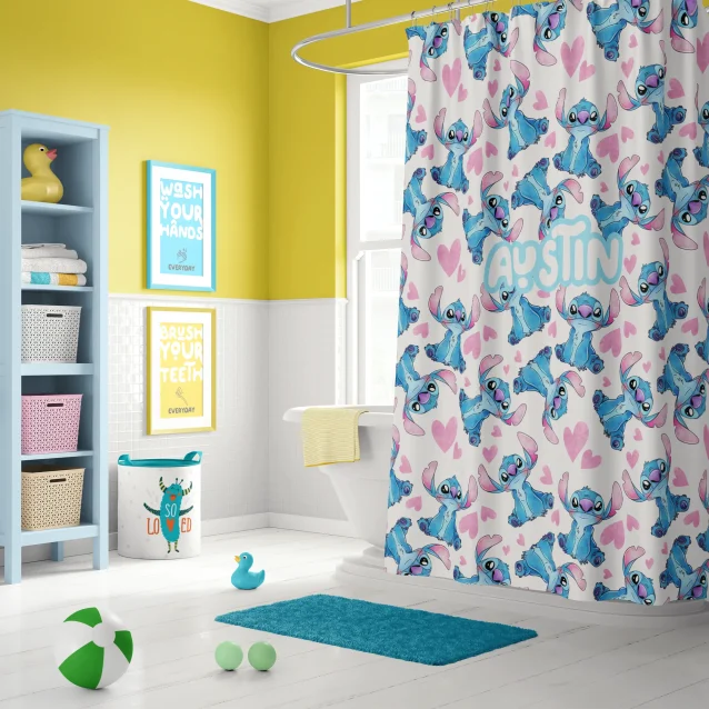 Custom Lilo & Stitch shower curtain featuring Lilo and Stitch in a fun tropical Hawaiian design.
