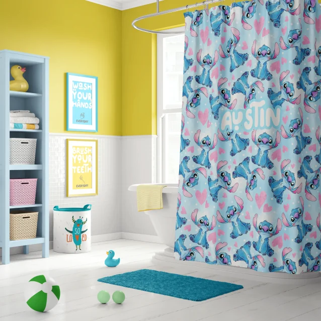 Personalized Lilo & Stitch shower curtain with custom name, showcasing vibrant alien and Hawaiian graphics.
