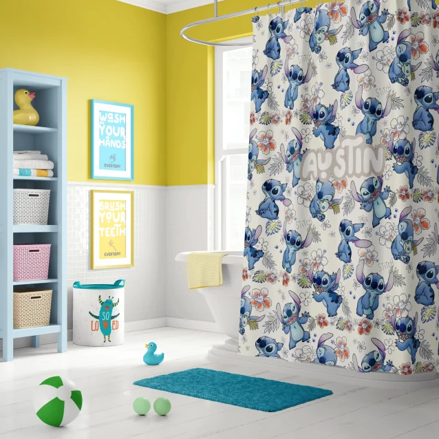 Durable 100% polyester Lilo & Stitch shower curtain, highlighting its waterproof material and colorful print.