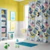 Lilo & Stitch kids shower curtain installed in a bathroom, with included C-shaped hooks visible.