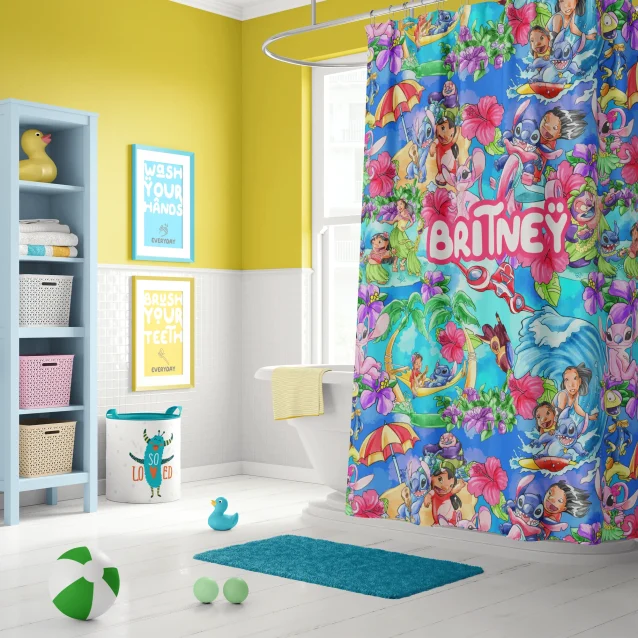 Fun and colorful Lilo & Stitch shower curtain, perfect as customizable bathroom decor for fans.