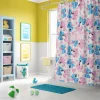 Full view of a Lilo & Stitch themed shower curtain, available in multiple sizes for any bathtub.