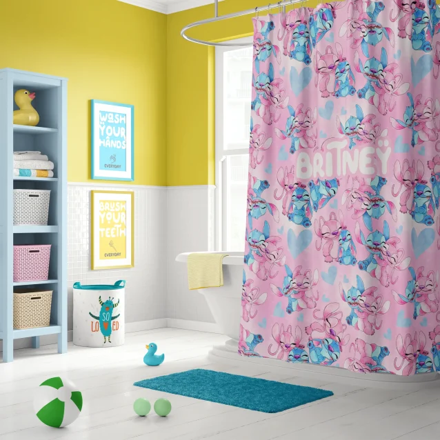 Close-up of the vibrant Stitch character print on a custom Lilo & Stitch bathroom shower curtain.