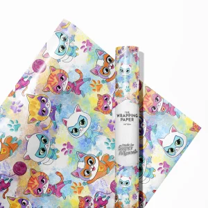 Roll of vibrant SuperKitties wrapping paper showcasing heroic kitty characters in action.