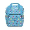 Light blue striped Baby Shark nappy bag with Daddy, Mommy and Baby Shark on a horizontal-stripe background.