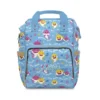 Blue Baby Shark diaper bag backpack with Mommy Shark, music notes and the "doo doo doo" lyrics over wavy water.