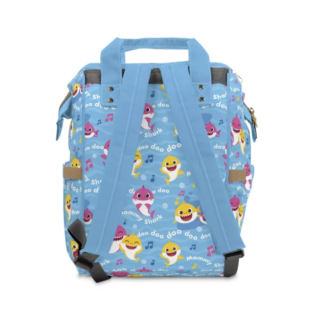Fin-tastic Baby Shark themed design elements on the practical diaper and changing bag.
