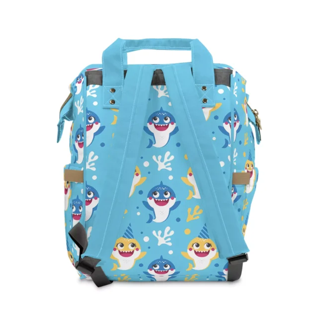 Adjustable shoulder straps and padded back panel of the Baby Shark Diaper Bag.