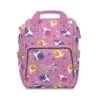 Pink Baby Shark diaper bag backpack with the shark family toss print, the baby's name printed on the front pocket.