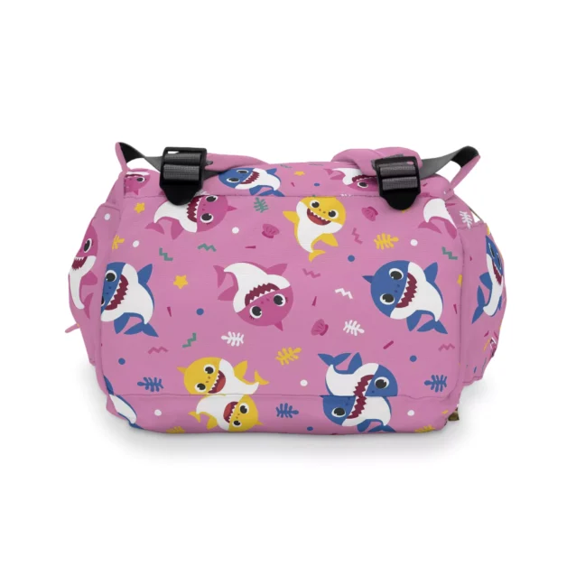 Baby Shark Diaper Bag filled with baby essentials like diapers and wipes.