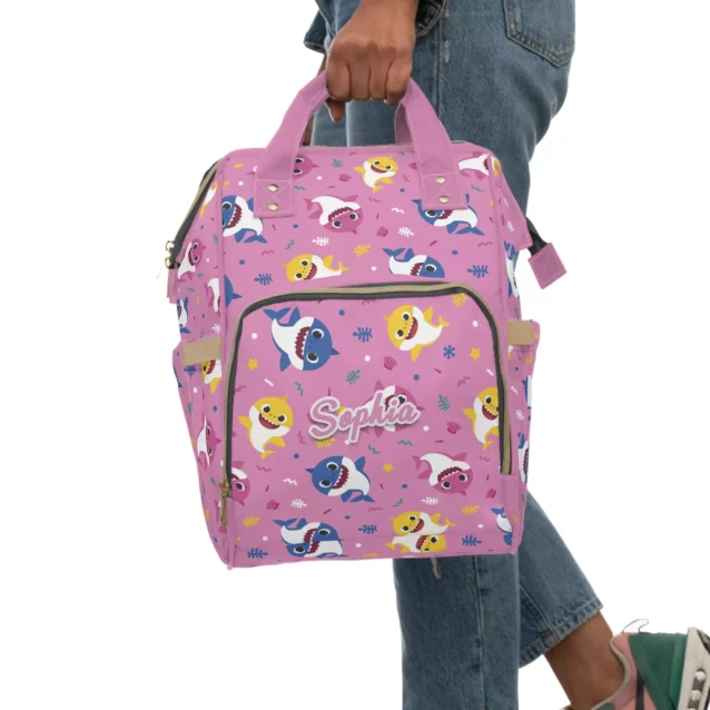 Lifestyle image: Baby Shark Diaper Bag ready for an outing.