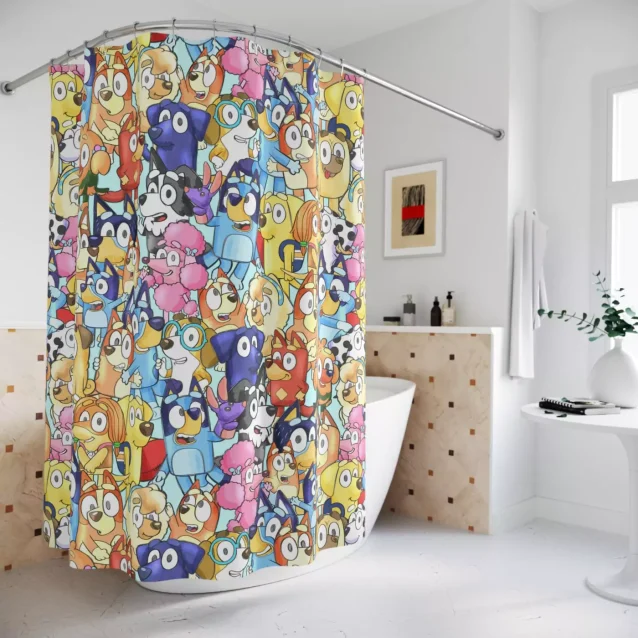 Colorful Bluey family shower curtain with Bandit and Chilli.