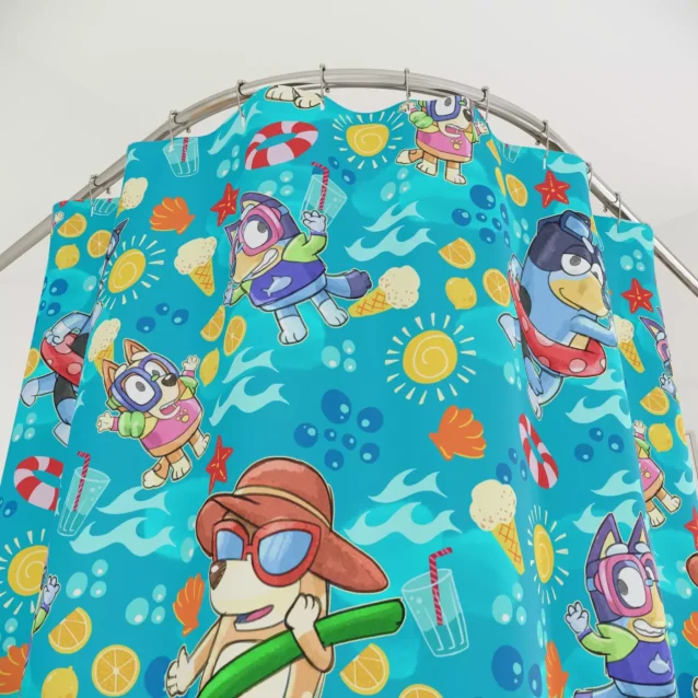 Bluey and friends polyester shower curtain, 72x72 inches.